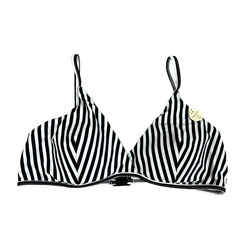 Niptuck Swim Women’s Black White Striped Bikini Padded Top Size 10 New